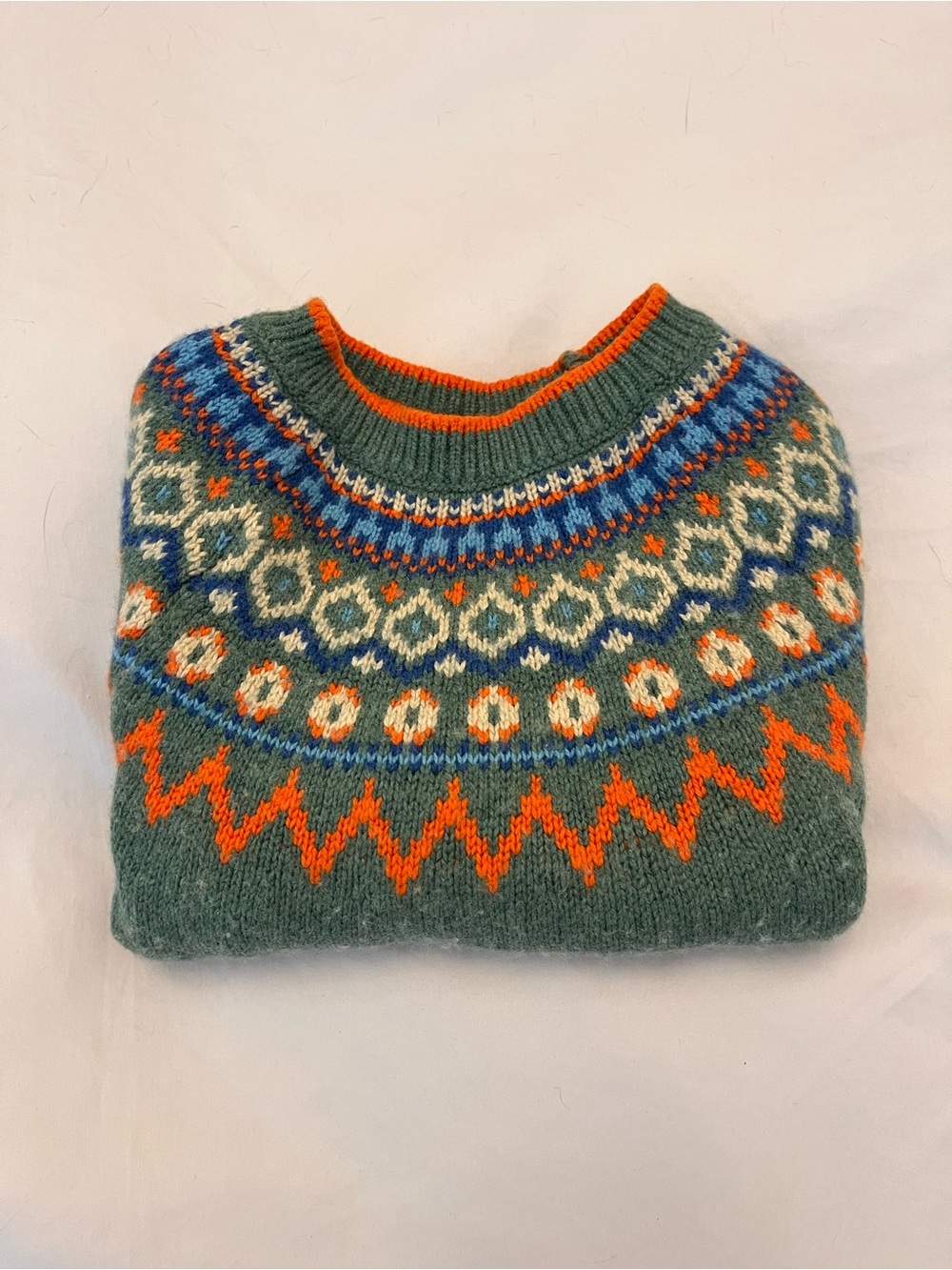 Mini Boden Green Fair Isle Crewneck Sweater with Orange and Blue Accents